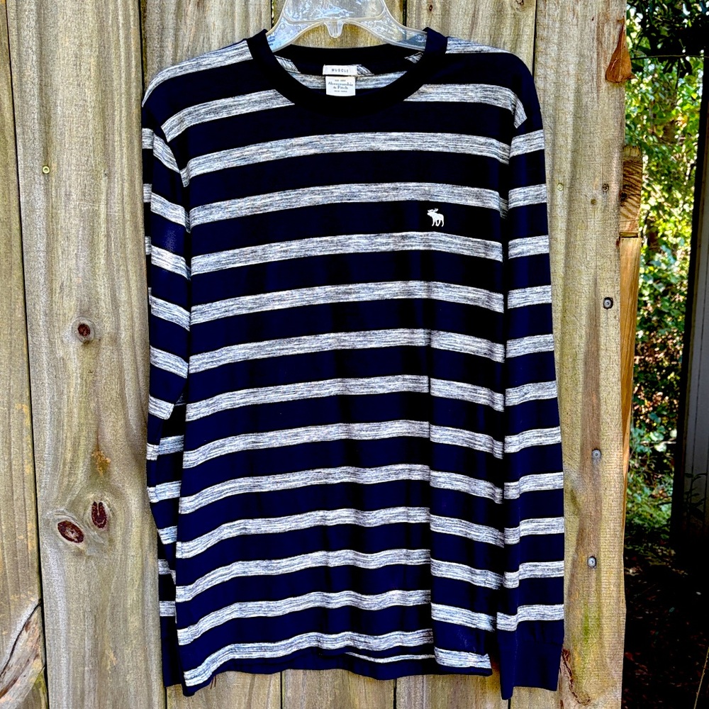 Abercrombie & Fitch Men's Blue and Gray Striped Long Sleeve Tee